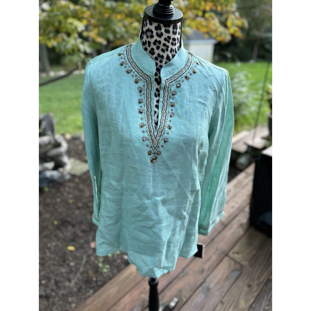 Rafaella Linen Top Ocean Blue Beaded Long Sleeve Tunic Style Top Size 12p New G1